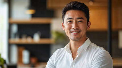 Obraz premium man, Asian, software engineer, smiling, modern tech startup office background, with copy space, editorial photography