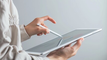 A professional holding a tablet and using a stylus with minimalist background