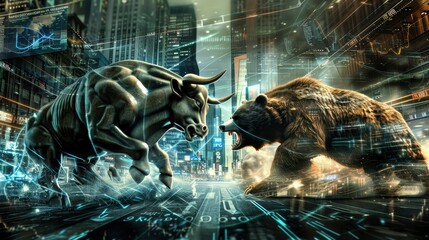 Stock market scene with a powerful bull and an aggressive bear facing each other, symbolizing market trends. The background should be a bustling trading floor with stock charts and tickers