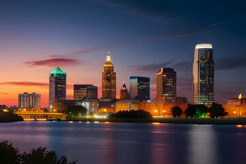 Fototapeta premium Bright city lights reflect on waterfront at dusk generative AI