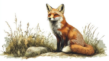 Fototapeta premium Cute red fox cub, isolated on white background, stands alert in portrait pose