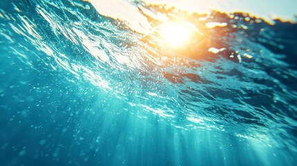 Blue Waves and Sunlit Reflections, serene blue water with gentle waves, shimmering sunlight reflecting on the surface, inviting tranquility and calmness in a vast open space