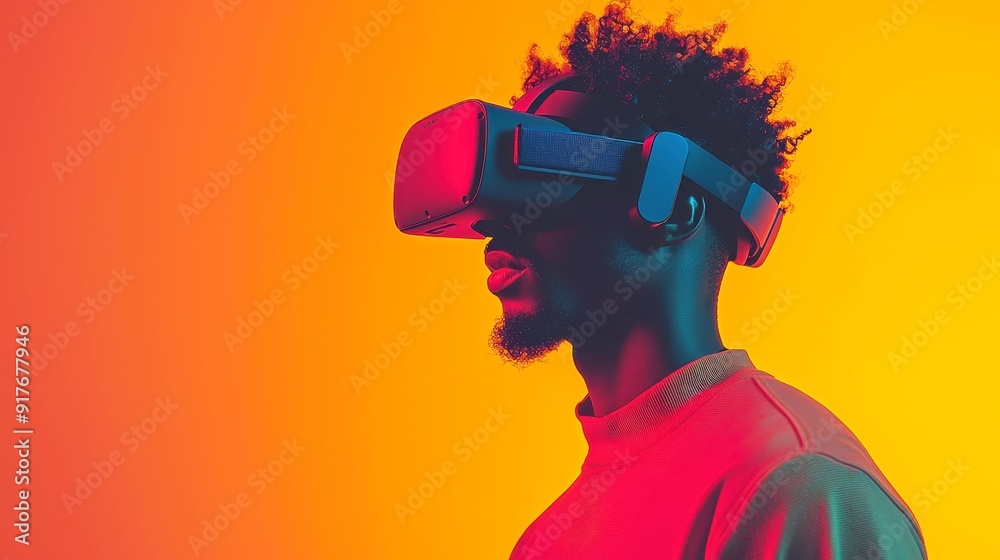 Poster man immersed in virtual reality, surrounded by open space, engaging with interactive digital landsca