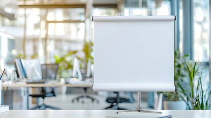 Modern office space with a blank whiteboard standing on a table, ready for presentations and brainstorming sessions.