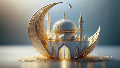 三日月、モスク、アラベスク模様、金色の光、イスラム建築、エレガント、装飾的、伝統的アート、ゴールドの装飾、白と金のコントラスト