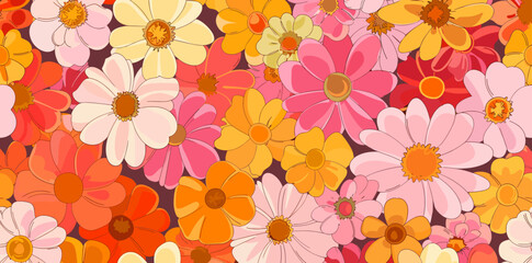 A vibrant seamless pattern featuring a multitude of stylized flowers in pink orange yellow and white creating a cheerful and optimistic floral design