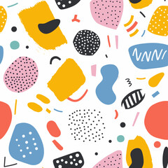 Abstract seamless pattern with colorful shapes dots lines and stripes on a white background Perfect for creating textiles wrapping paper wallpapers and other design projects