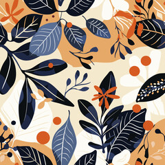 Abstract Floral Pattern with Blue Orange and White Leaves on a Beige Background
