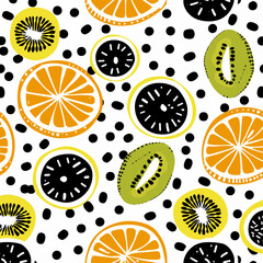 Seamless pattern with stylized hand drawn fruit slices Citrus fruits like orange and lemon kiwi on white background with black dots Perfect for textile fabric wrapping paper cards invitations wallpape