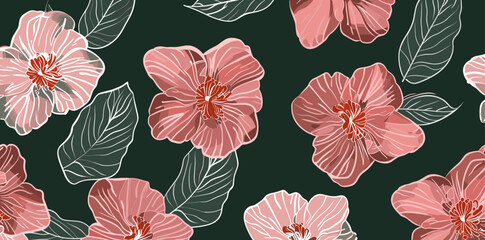 Seamless pattern with pink flowers and white veins on dark green background