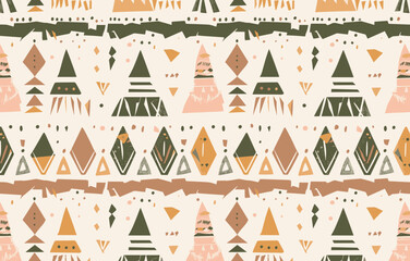 A seamless pattern of abstract geometric shapes in earthy tones The pattern features triangles diamonds and other shapes in shades of green brown orange and pink creating a modern and stylish design