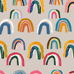 Seamless pattern of colorful hand-painted rainbow arches on a light grey background