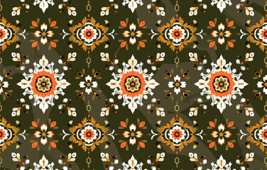 Seamless pattern with intricate floral motifs in shades of white orange and brown on a dark green background This design offers a vintage feel and is perfect for textile prints wallpaper or decorative