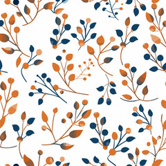 Seamless pattern with stylized blue and orange leaves and berries on white background