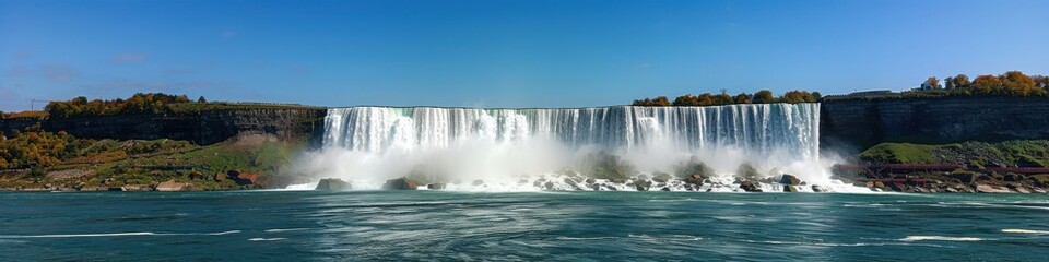 Panoramic View of Majestic Niagara Falls with Cascading Water Amidst Lush Greenery Under Clear Blue Sky on a Sunny Day