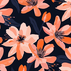 Seamless pattern of peach and orange flowers on a dark background This floral design features stylized blossoms in various sizes and arrangements creating a vibrant and modern aesthetic