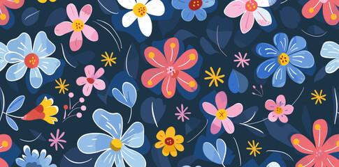 Colorful Floral Pattern with Dark Blue Background Seamless pattern with bright flowers leaves and small details Perfect for wallpaper fabric and more