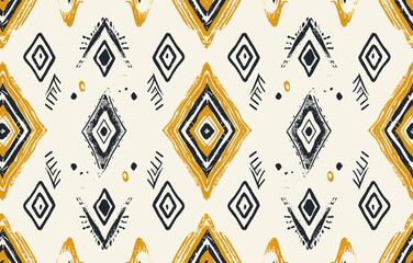 Seamless pattern with geometric shapes in black white yellow and brown colors Abstract background with ethnic motifs for fashion textile wallpaper and surface design