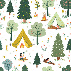 Seamless pattern with cute camping illustrations of tents bonfires trees and people on a white background