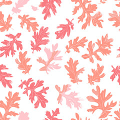 A seamless pattern of pink and red oak leaves on a white background The leaves are scattered randomly and are in a variety of sizes and shades