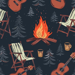 Hand-drawn camping seamless pattern with bonfire guitars chairs and mugs perfect for textile wallpaper and packaging design