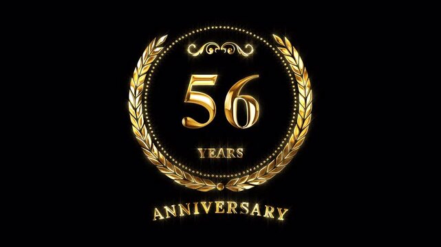 56th Anniversary Celebration. Happy 56 Years Anniversary Animation in Gold Color on the Transparent Background, Alpha Channel. Great for greetings, celebrations, events, and gifts.