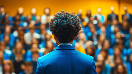poc high school boy stands in front of school assembly wearing blue blazer to give speech, back view