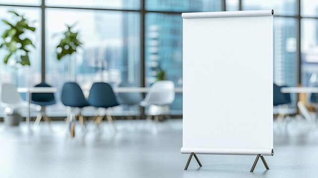 Modern office interior with a white blank flip chart stand, large windows, and blurred plants and furniture in the background.