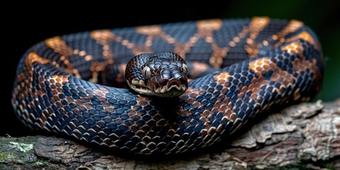 Obraz premium Coiled Snake with Black and Orange Scales Resting on a Branch in a Forested Area Displaying Natural Camouflage Patterns