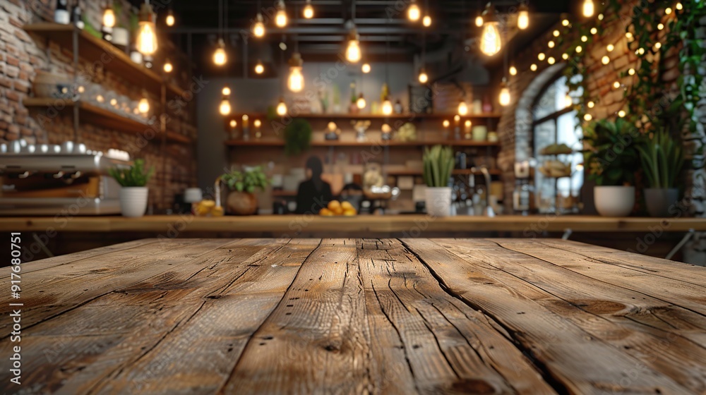 Wall mural Rustic Wooden Tabletop in a Cozy Cafe