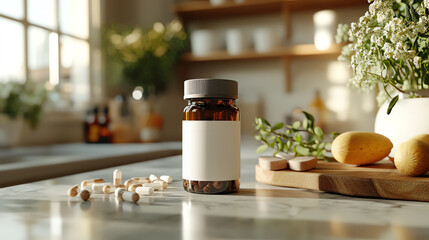 Glass bottle of supplements with blank label on kitchen counter among vegetables and herbs, under natural light, inviting and fresh.