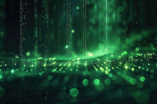 Dark background with green binary code flowing, tech feel, subtle reflections, high angle, modern digital style