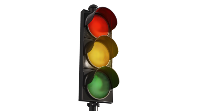 Green Light Go: A classic traffic light signal with red, yellow, and green lights, isolated against a white background, symbolizing a fresh start, opportunity, and the go-ahead. It's a powerful visual