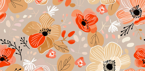 Seamless pattern with abstract flowers in red, orange, and beige on a light gray background.  Perfect for creating unique designs for fabrics, wallpapers, and more.