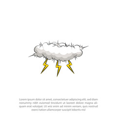 Overcast weather. Dark gray cloud with lightning and thunderstorm, it's raining, cartoon vector illustration on a white background 
