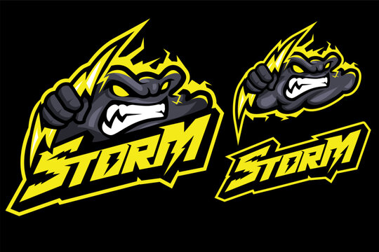 angry cloud holding lightning mascot logo