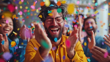 Obraz premium A group of friends celebrate with confetti and laughter, enjoying a special moment together.