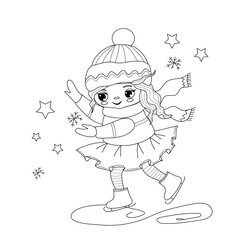 Coloring page for kids, adults. Princess, fairy girls. Cute girl skating on ice. Winter, Christmas, new year. Outline.Coloring page, Coloring book, colouring. For girls. Vector illustration