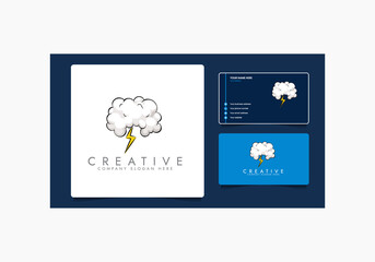 Overcast weather. Dark gray cloud with lightning and thunderstorm, it's raining, cartoon vector illustration with business card.