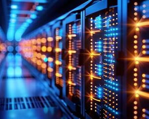 A close-up view of illuminated server racks in a data center, showcasing vibrant lights and modern technology.