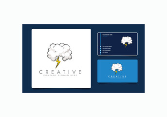 Overcast weather. Dark gray cloud with lightning and thunderstorm, it's raining, cartoon vector illustration with business card.