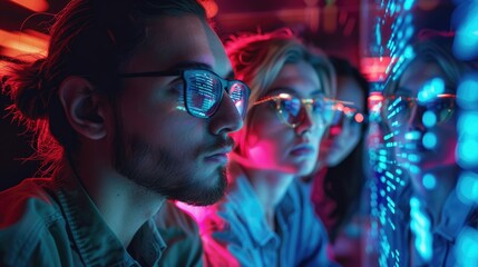 A group of three diverse people are studying a screen filled with data and code, illuminated by vibrant neon lights.
