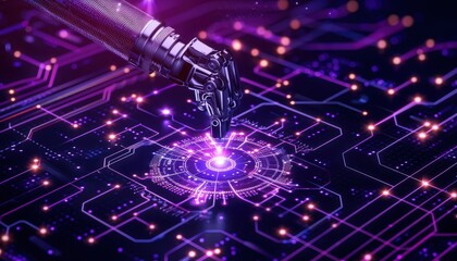 Obraz premium A robotic hand interacts with a glowing circuit board, showcasing advanced technology and digital innovation.