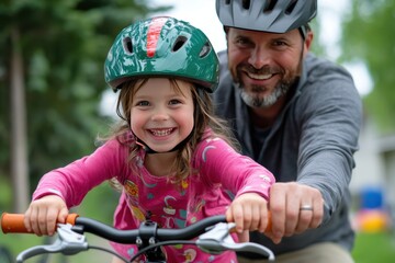 Obraz premium A joyful moment captured of a father and daughter biking together, showcasing smiles and the joy of outdoor activity.
