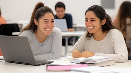 Obraz premium Two students study together, smiling and working on a laptop in a bright, modern classroom setting.