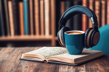 Headset, notebook with scribbled notes and a coffee cup on desk.
