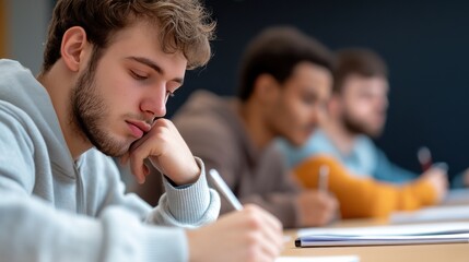 A focused student writes notes during a classroom lecture, emphasizing concentration and learning in an academic environment.