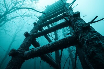 Naklejka premium A mysterious ladder ascends through foggy trees, creating an eerie yet captivating atmosphere in nature.