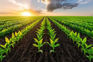 Vibrant rows of young plants in a lush field at sunset, showcasing the beauty of agricultural growth and fertile soil.