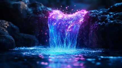 A vibrant and enchanting waterfall surrounded by glowing rocks, creating a mystical atmosphere in a serene landscape.